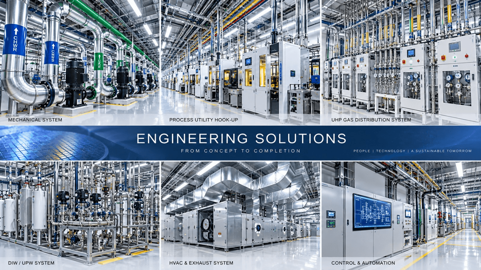 Engineering solutions overview showing mechanical, process, gas, water, ventilation and control systems