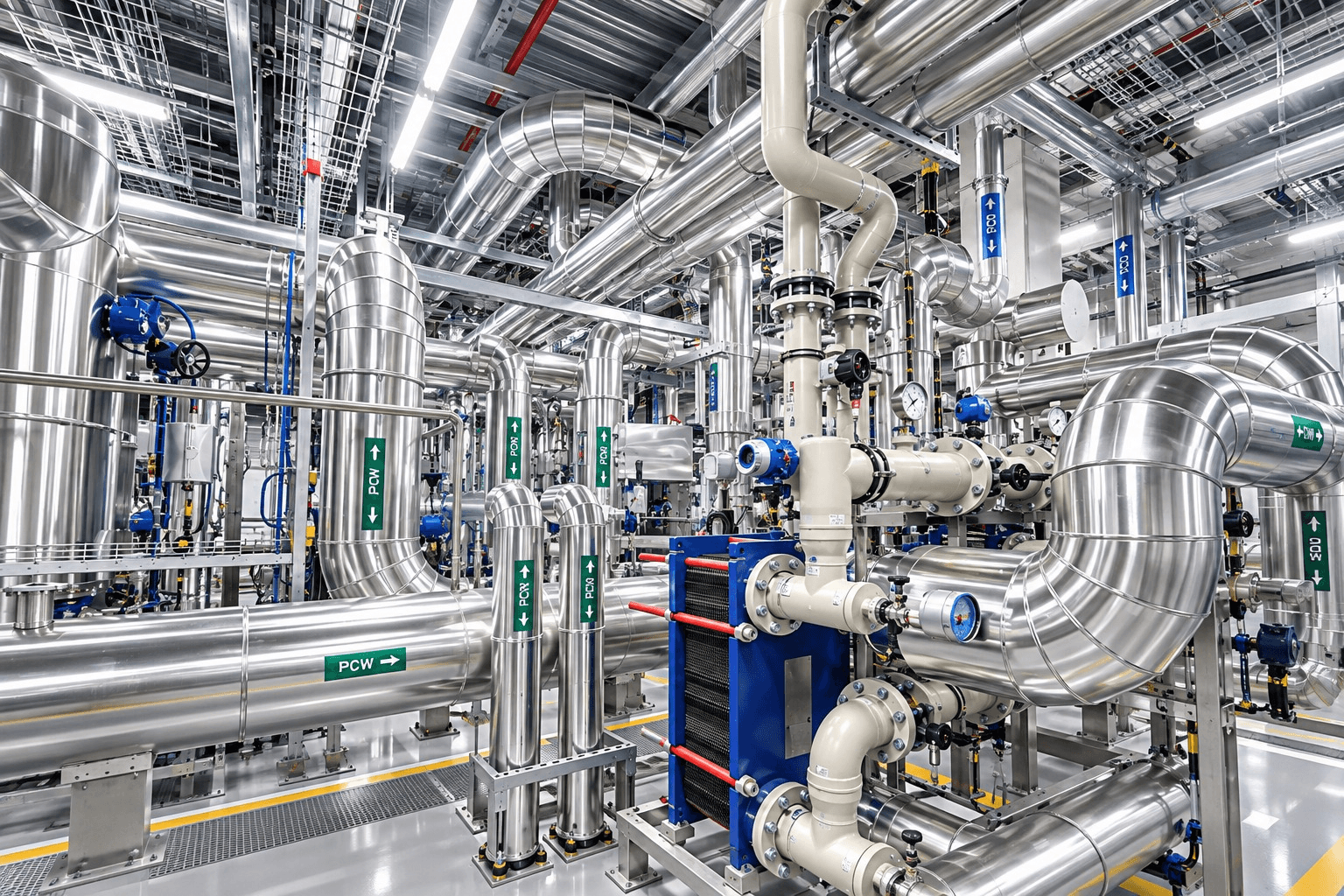 Process piping with valves, gauges and heat exchange equipment